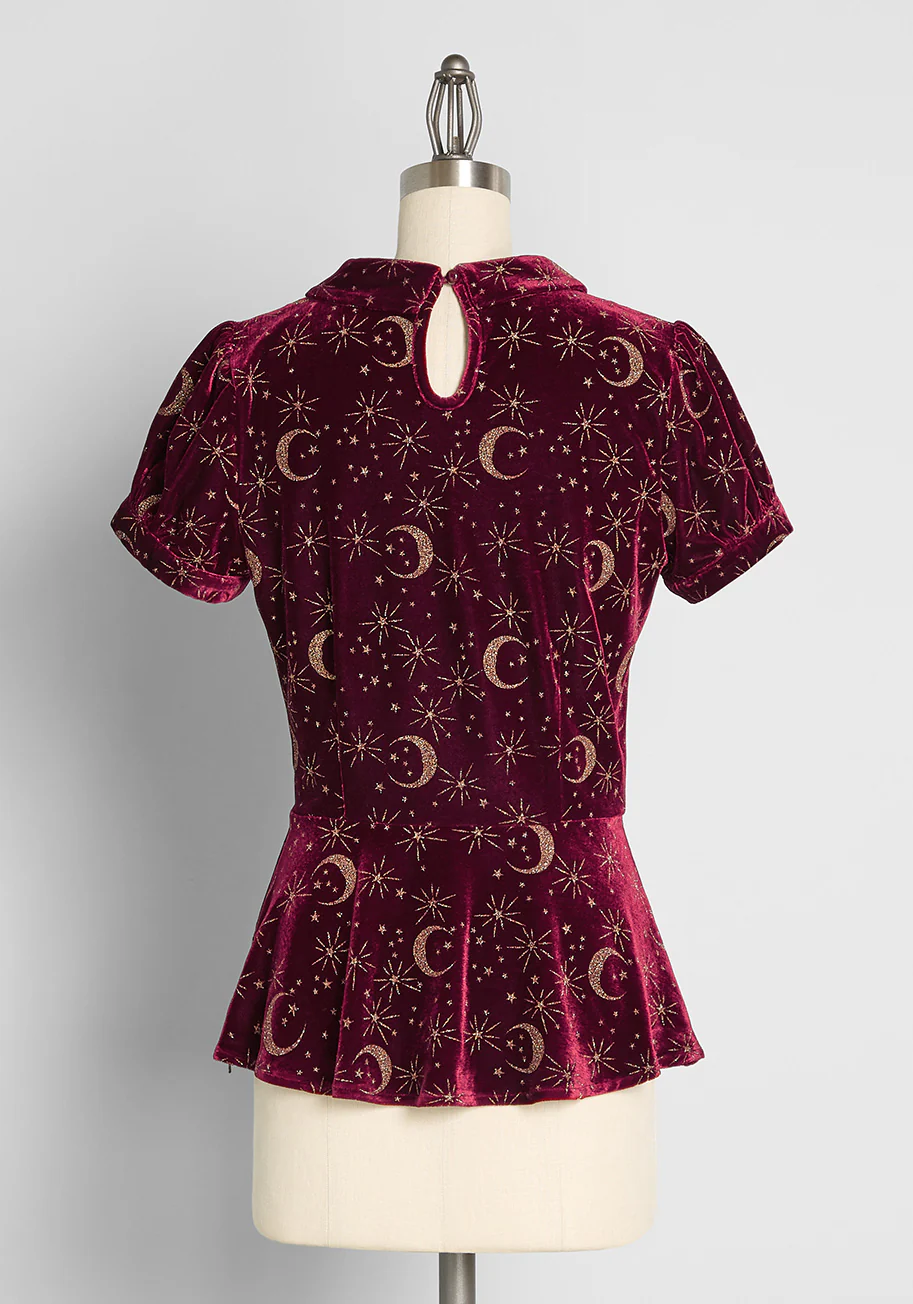 Crescents and Crimson Velvet Peplum Top - Olabens