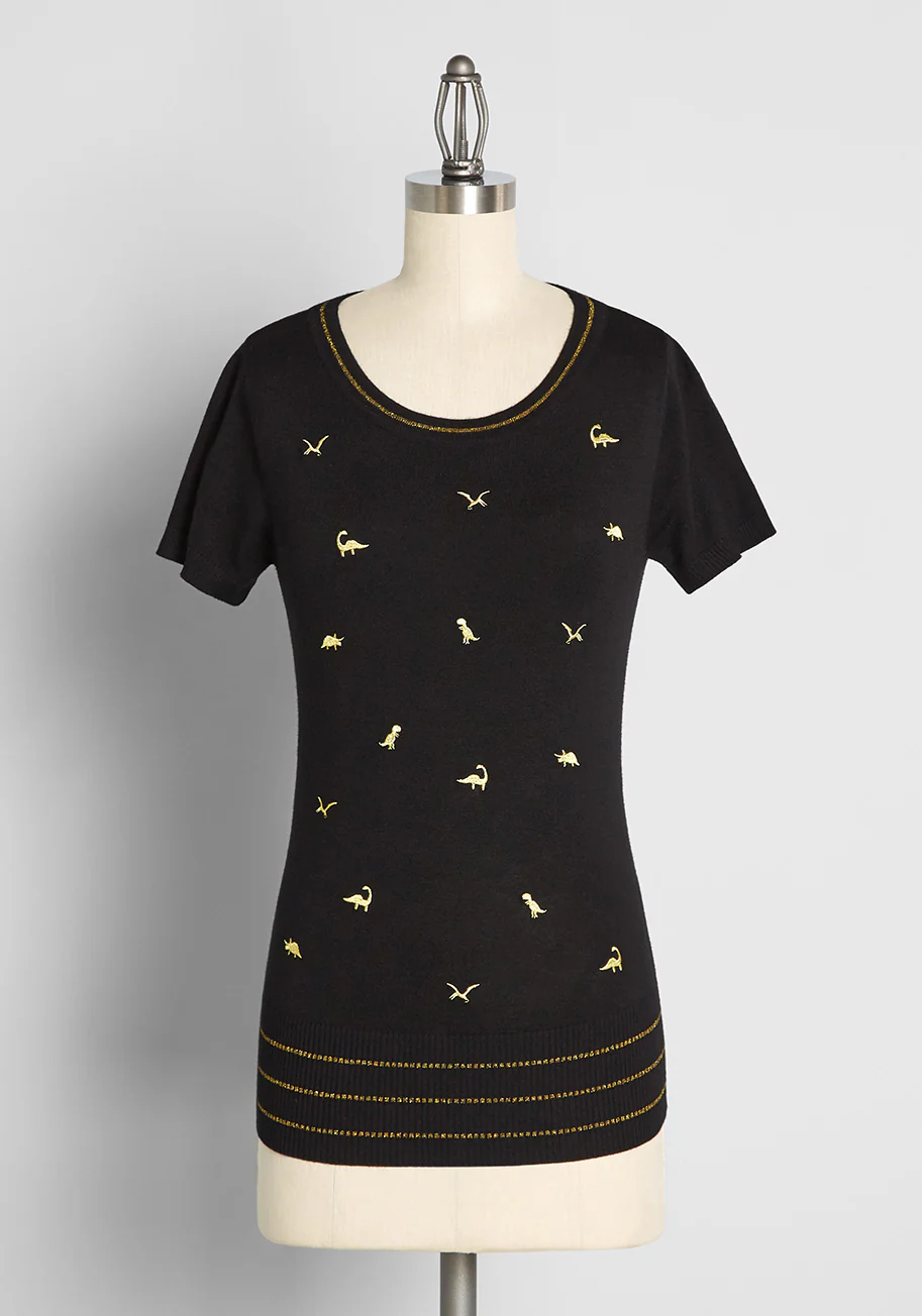 Dinosaur Dynamo Embroidered Short Sleeve Sweater - Olabens