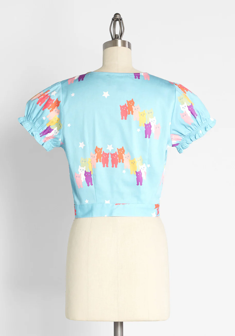 Isnyt X Collectif Curious And Colorful Cats Puff Sleeve Top - Olabens