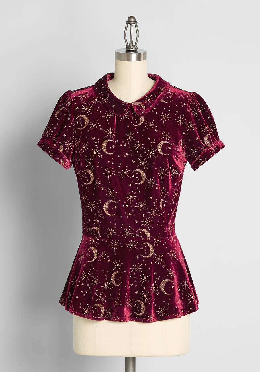 Crescents and Crimson Velvet Peplum Top - Olabens