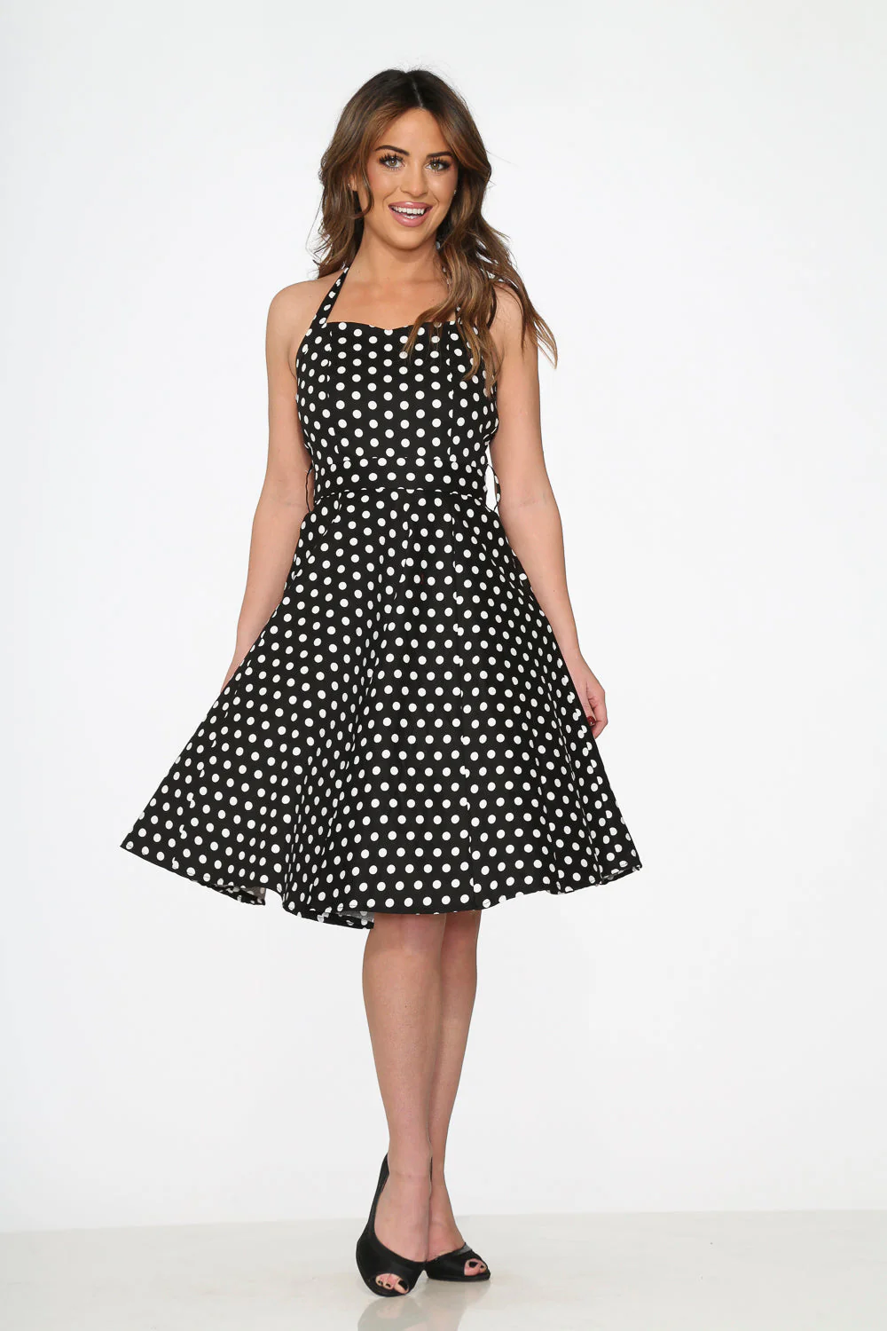 Black & White Polka Dot Halter Swing Dress - Olabens