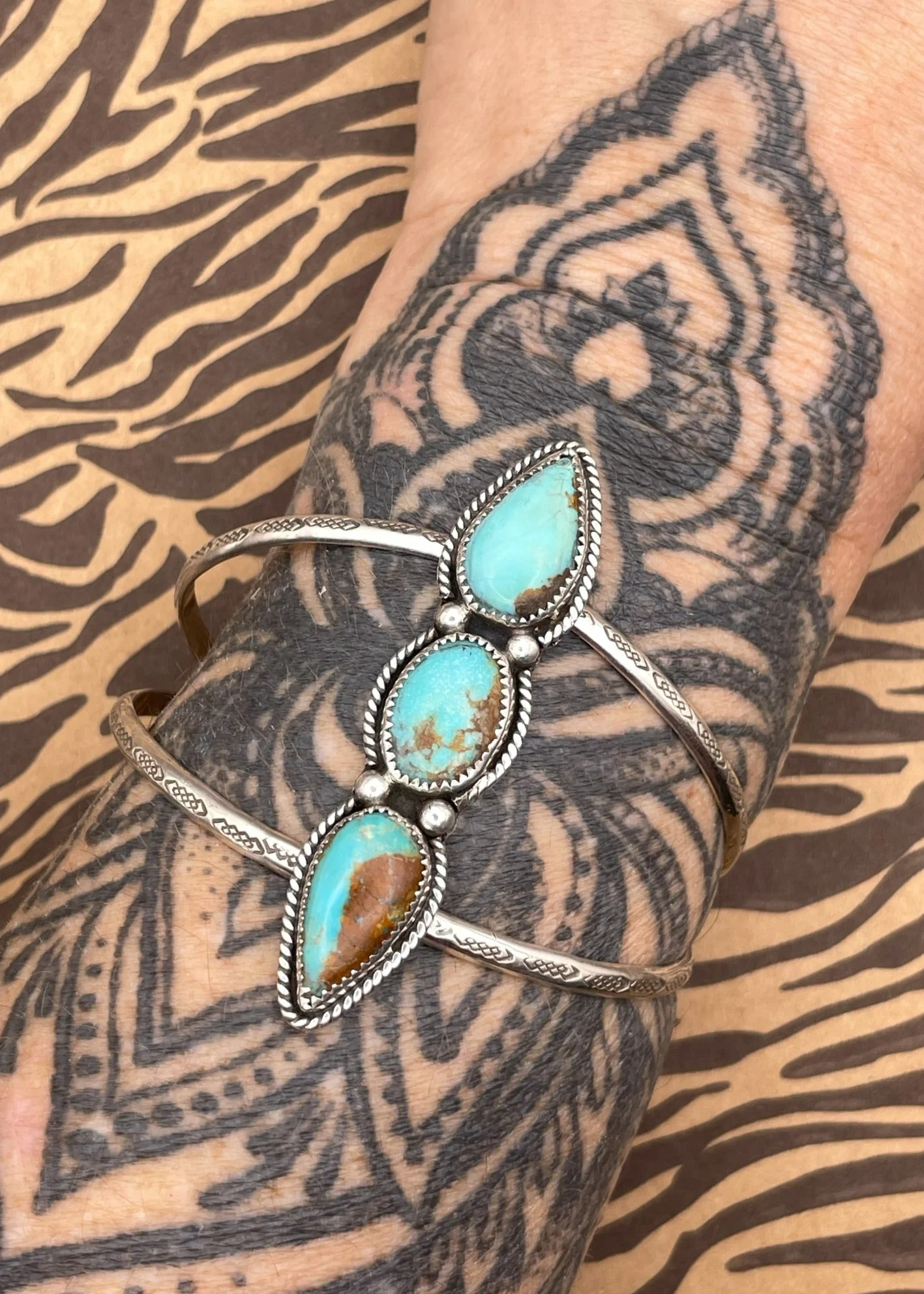 Sterling Silver Triple Stone Turquoise Cuff Bracelet - Olabens