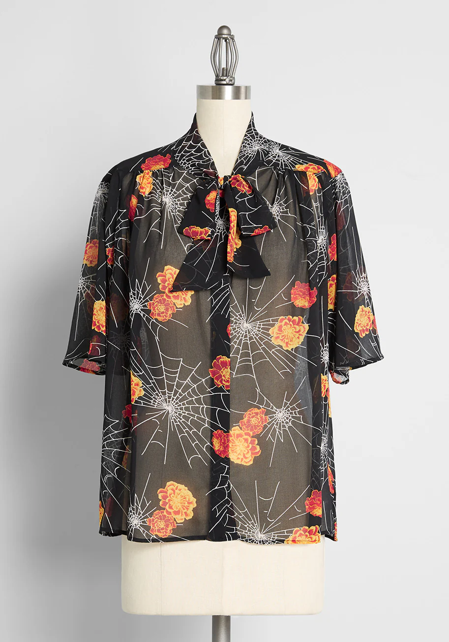 Blooming Webs Tie-Neck Blouse - Olabens