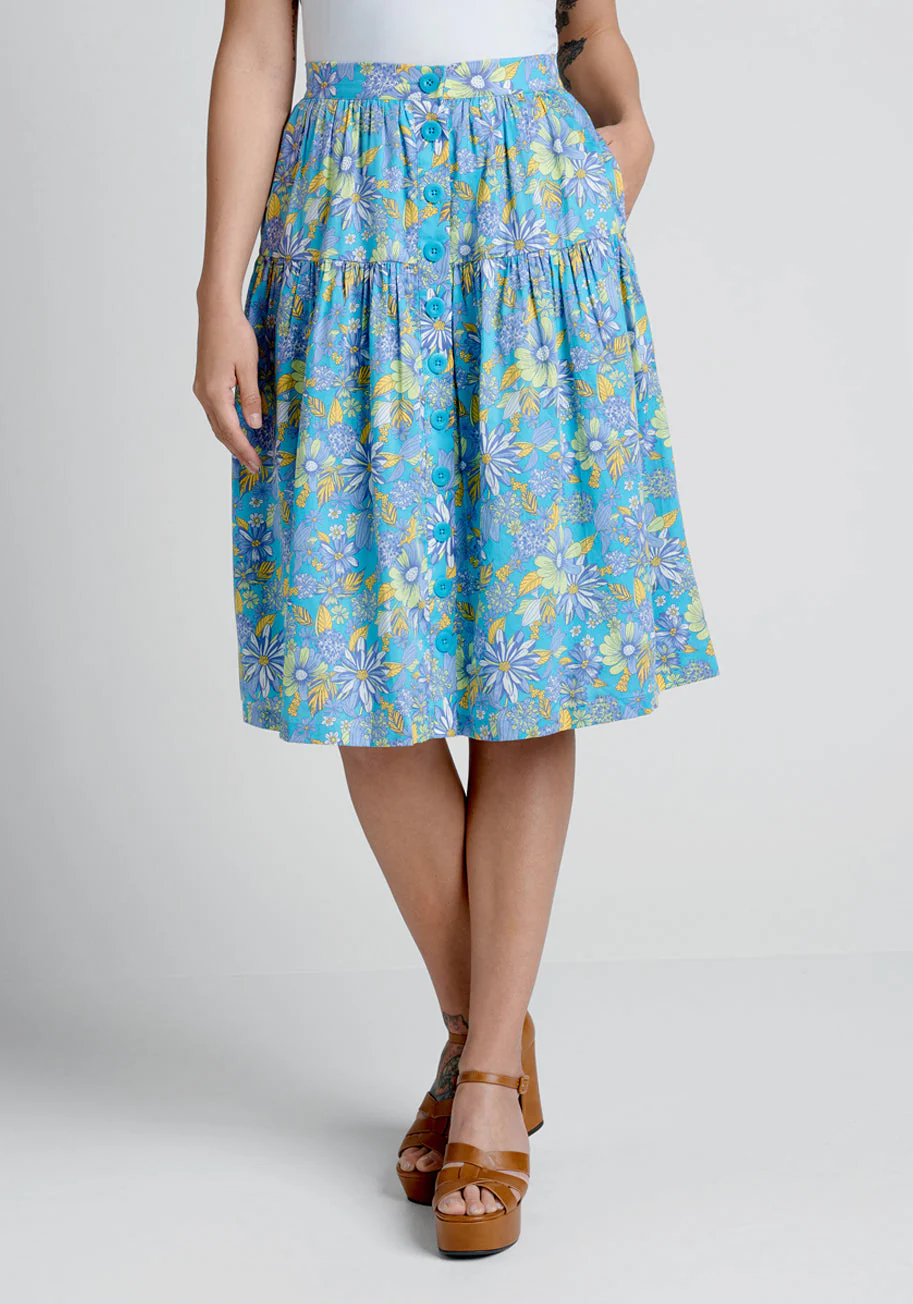 Daisies At Nightfall Tiered Midi Skirt - Olabens