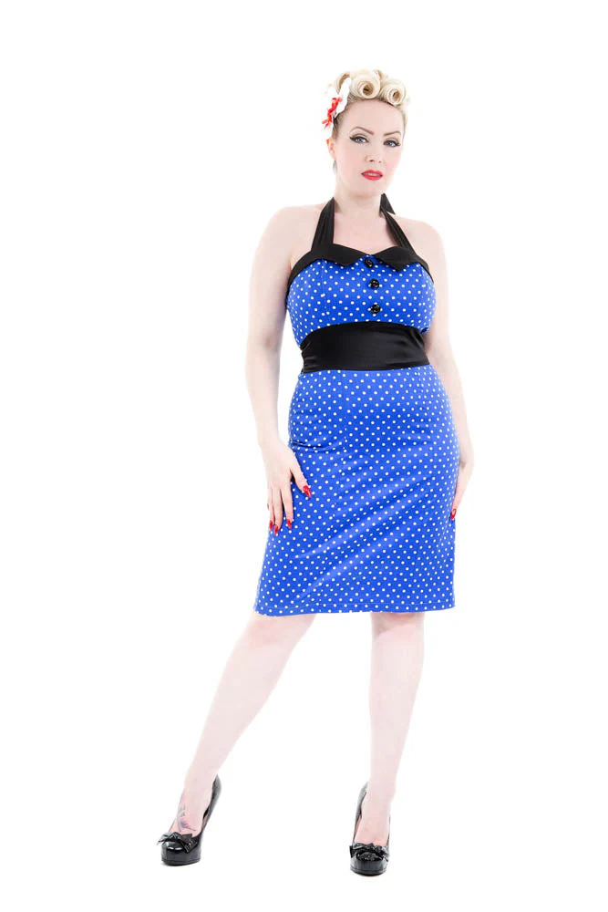 Blue & White Polka Dot Halter Wiggle Dress - Olabens