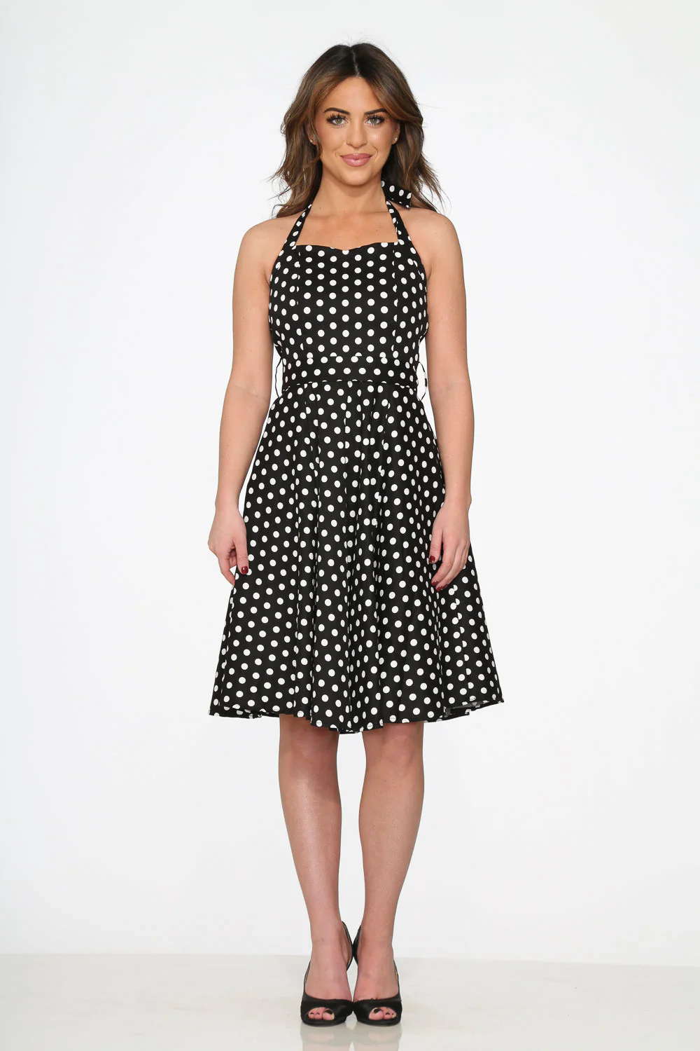 Black & White Polka Dot Halter Swing Dress - Olabens