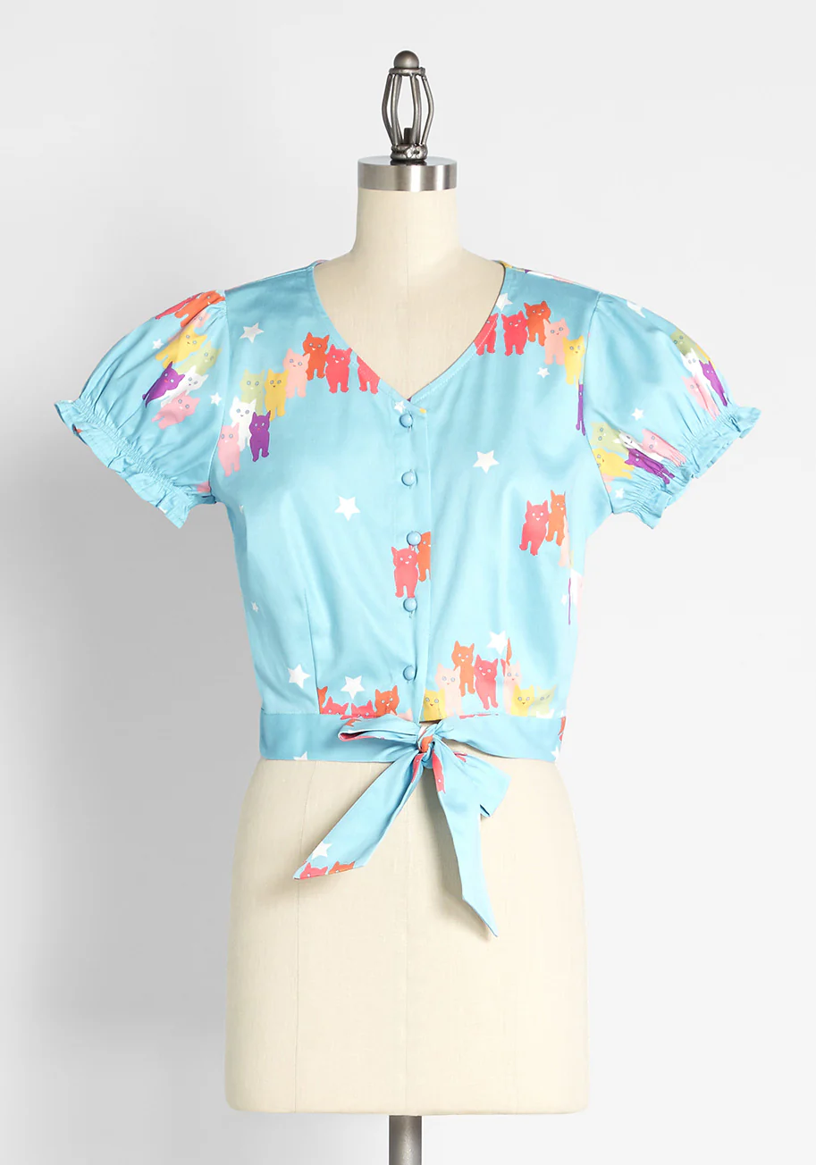 Isnyt X Collectif Curious And Colorful Cats Puff Sleeve Top - Olabens
