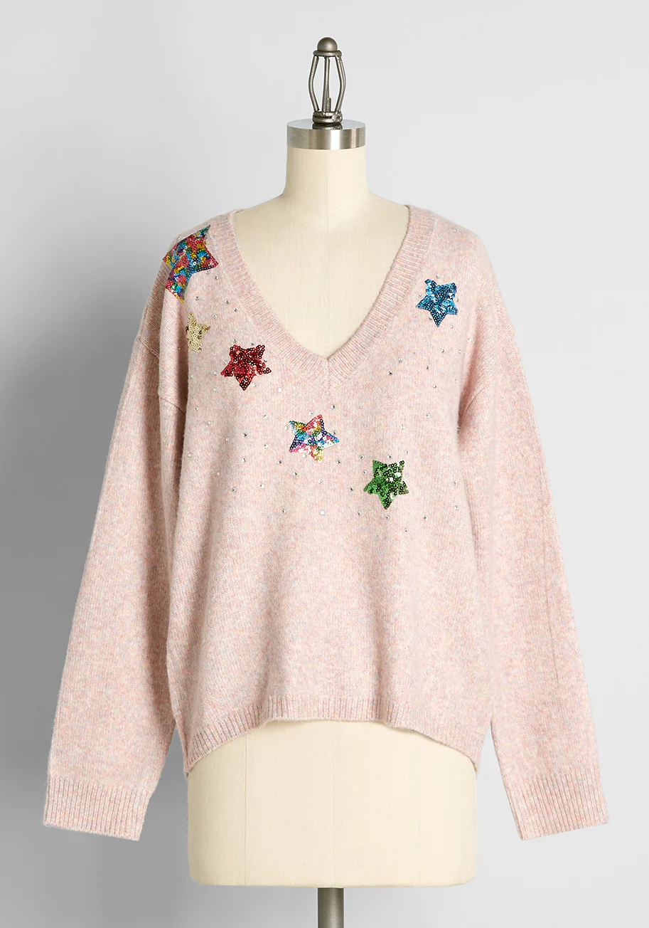 Sparkles and Stardust Embellished V-Neck Sweater - Olabens