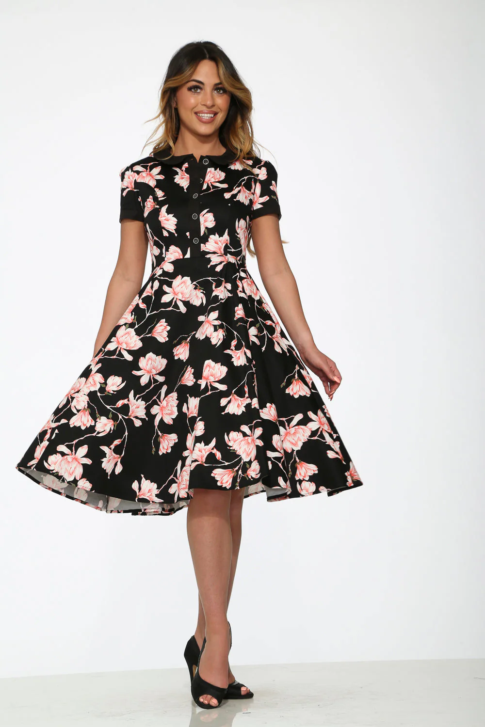 Black & Pink Floral Swing Dress - Olabens