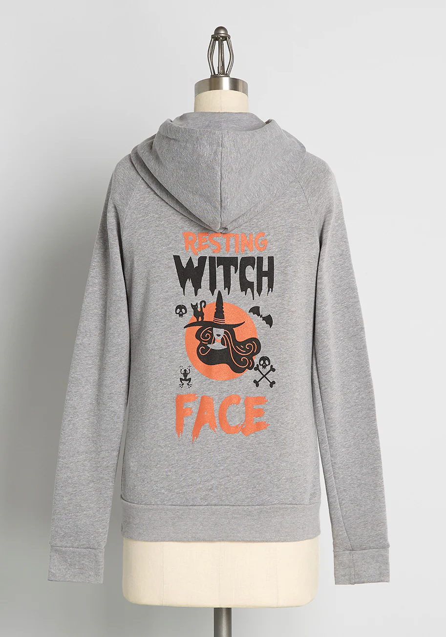 Resting Witch Face Graphic Zip-Up Hoodie - Olabens