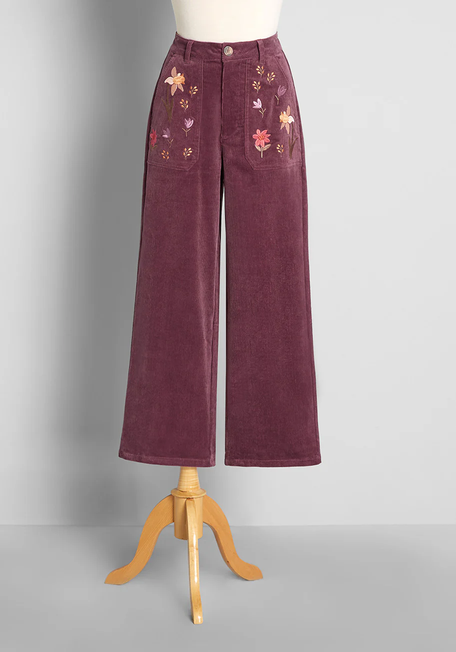 Visually Stem-ulating Embroidered Wide-Leg Cords - Olabens