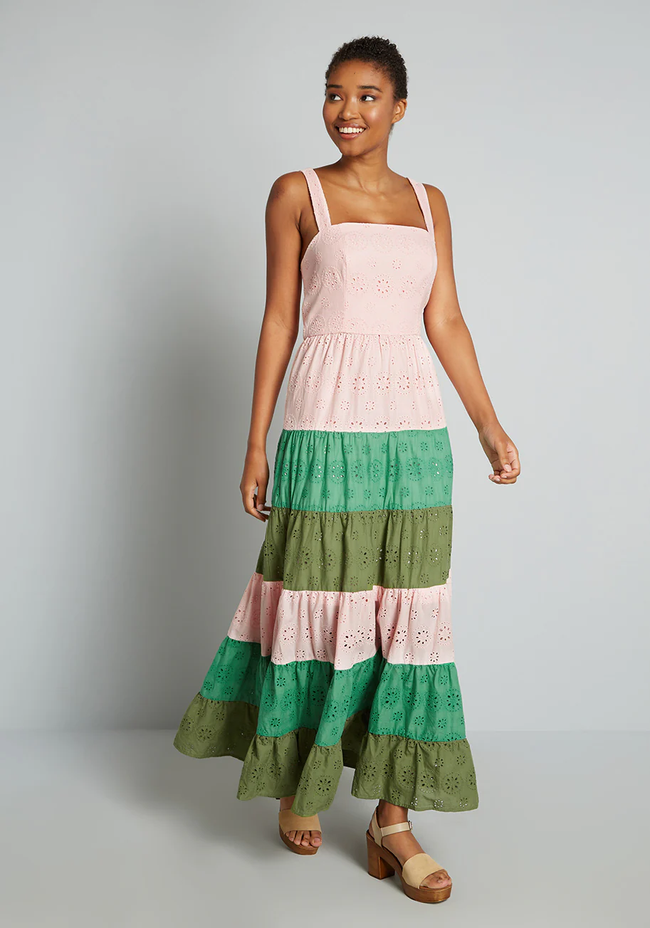 Blocked in Eyelet Tiered Maxi Dress - Olabens