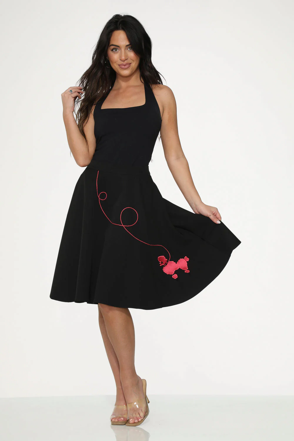 Black Hot Pink Embroidered Poodle Swing Skirt - Olabens