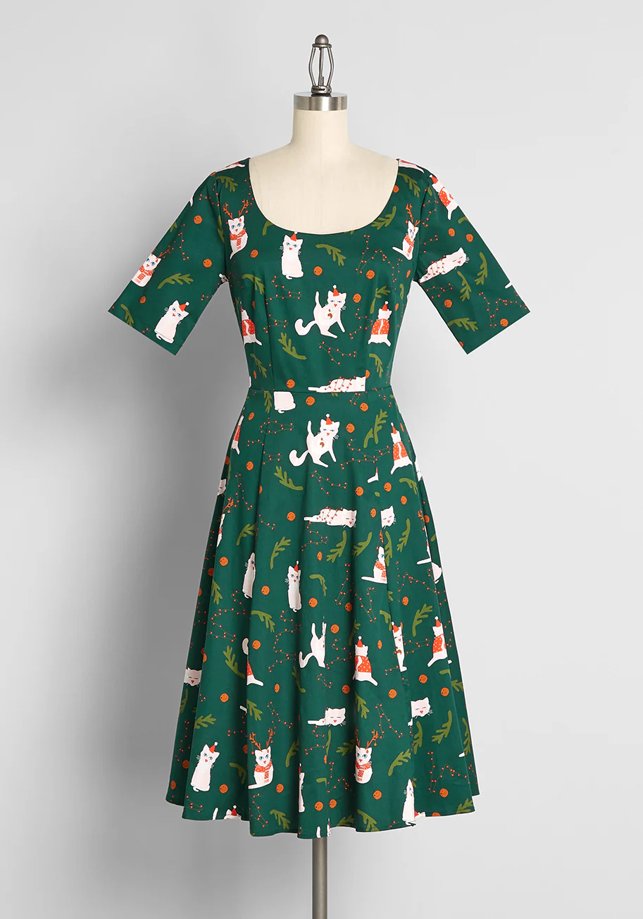 Catching Festive 'Felines' Swing Dress - Olabens