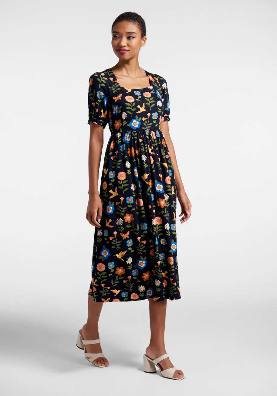 Visited By Hummingbirds Midi Dress - Olabens