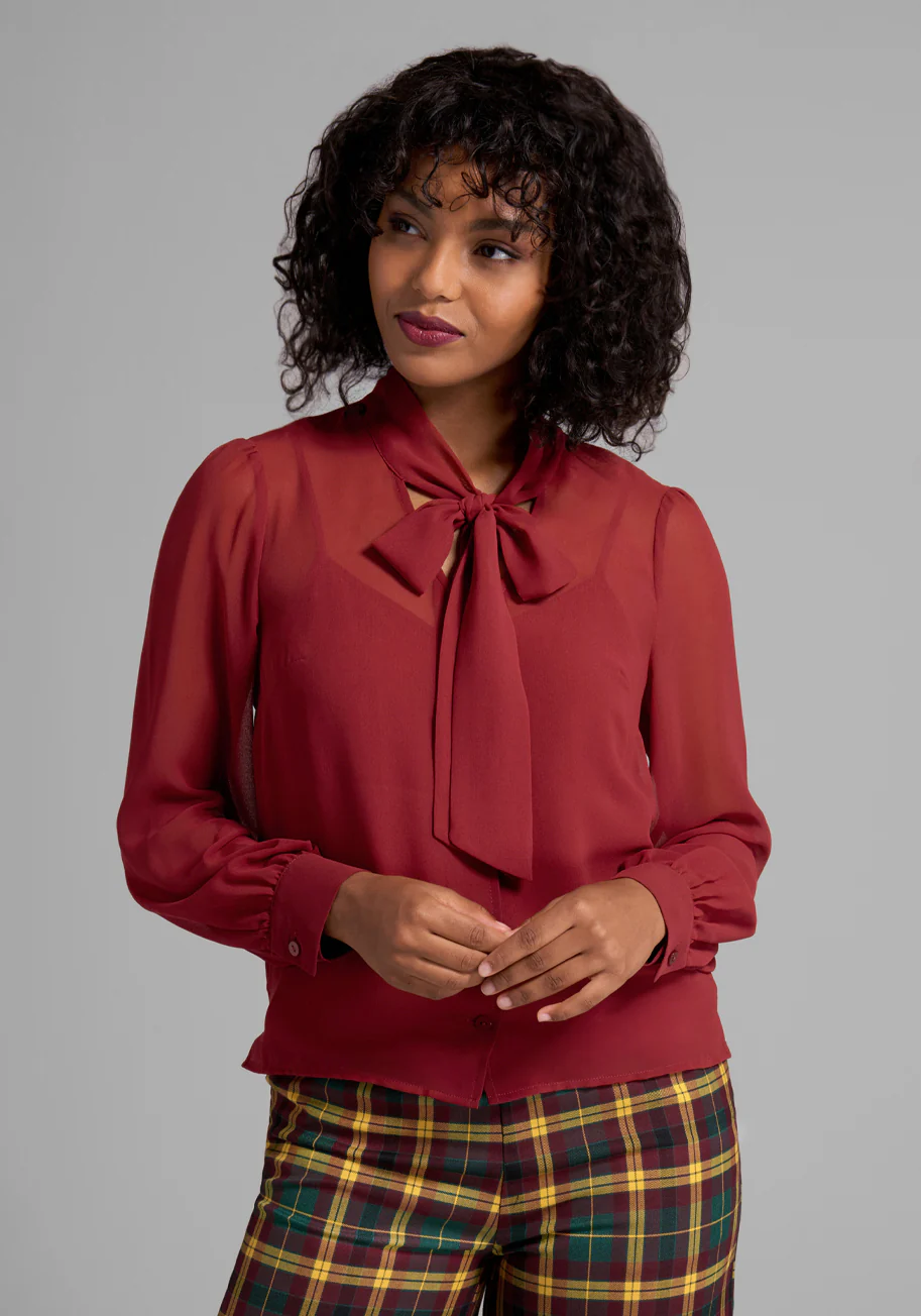 She's A Mystery Novel Tie-Neck Blouse - Olabens