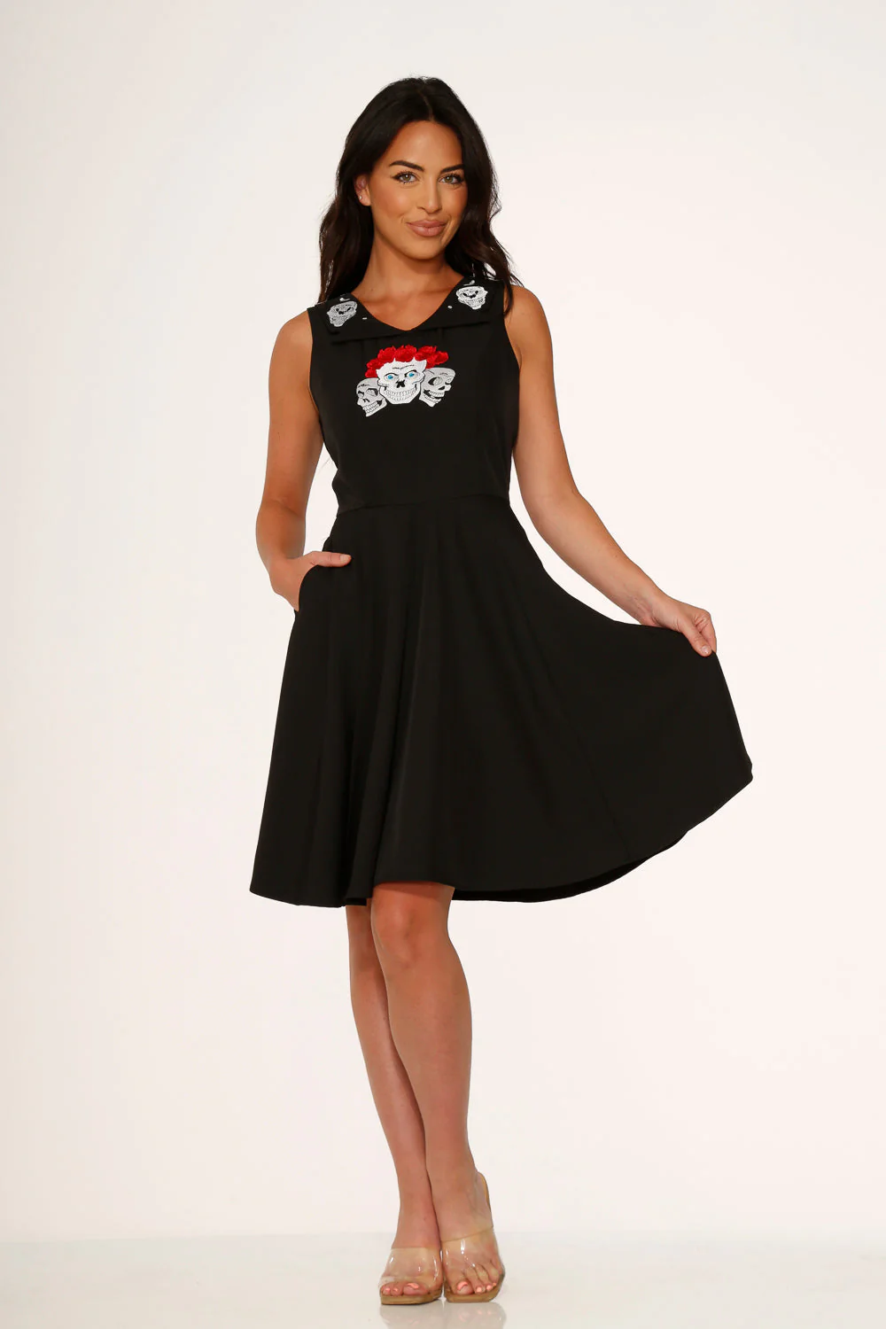 Rose Skulls Embroider Swing Dress - Olabens