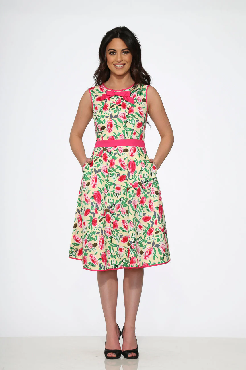 Yellow and Red Rose Swing Dress - Olabens