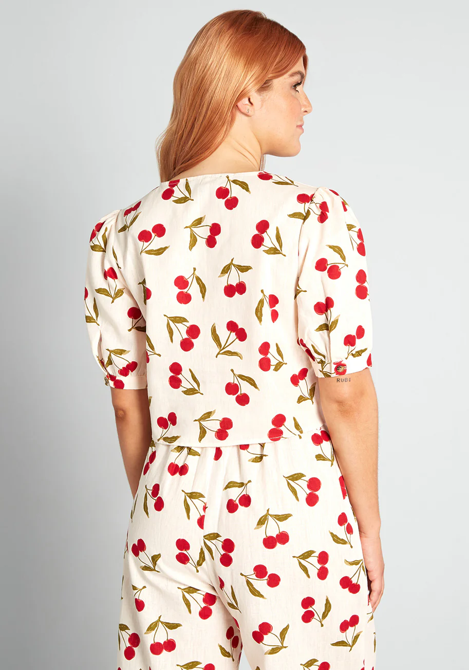 Cheerful Cherries Tie-Front Blouse - Olabens