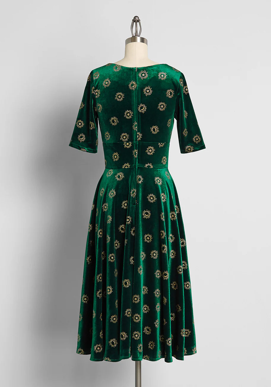 Bursts of Golden Light Velvet Midi Dress - Olabens