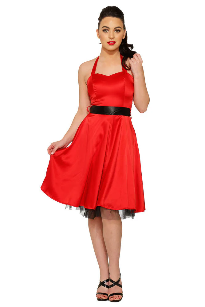 Red Satin Halter Swing Dress - Olabens