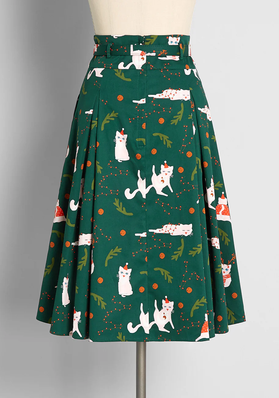 Christmas Cat-astrophe Pleated Swing Skirt - Olabens