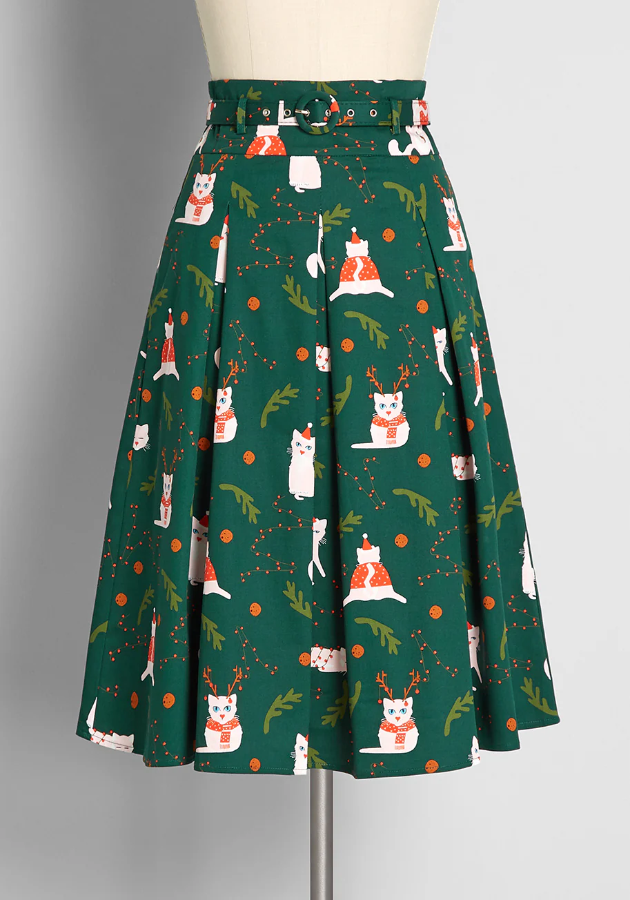 Christmas Cat-astrophe Pleated Swing Skirt - Olabens