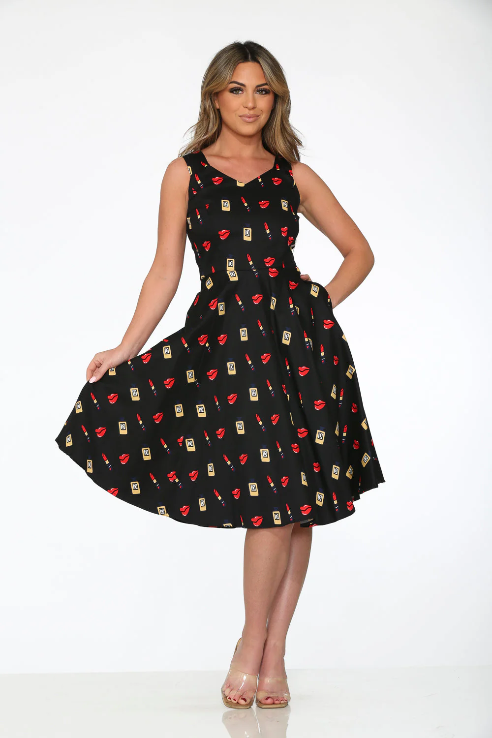 Black Red Lipstick Swing Dress - Olabens