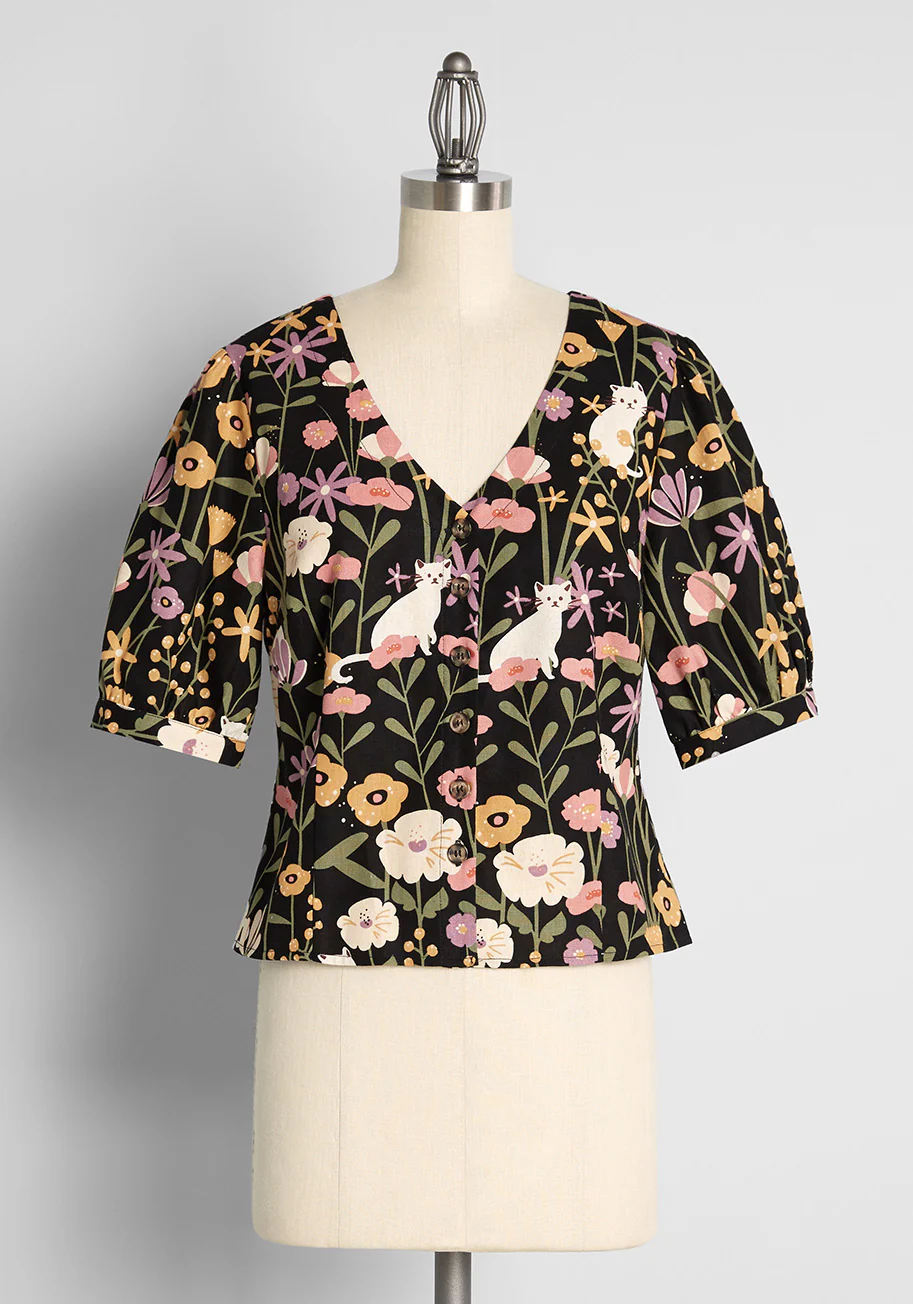 Isnyt x Princess Highway Floral Felines Button-Up Blouse - Olabens