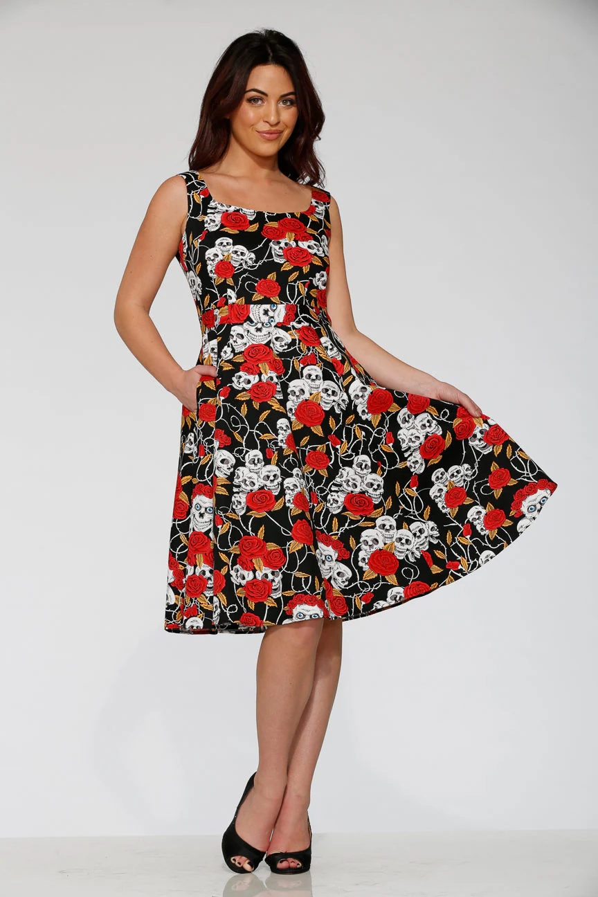 Black & Red Rose Skulls Swing Dress - Olabens
