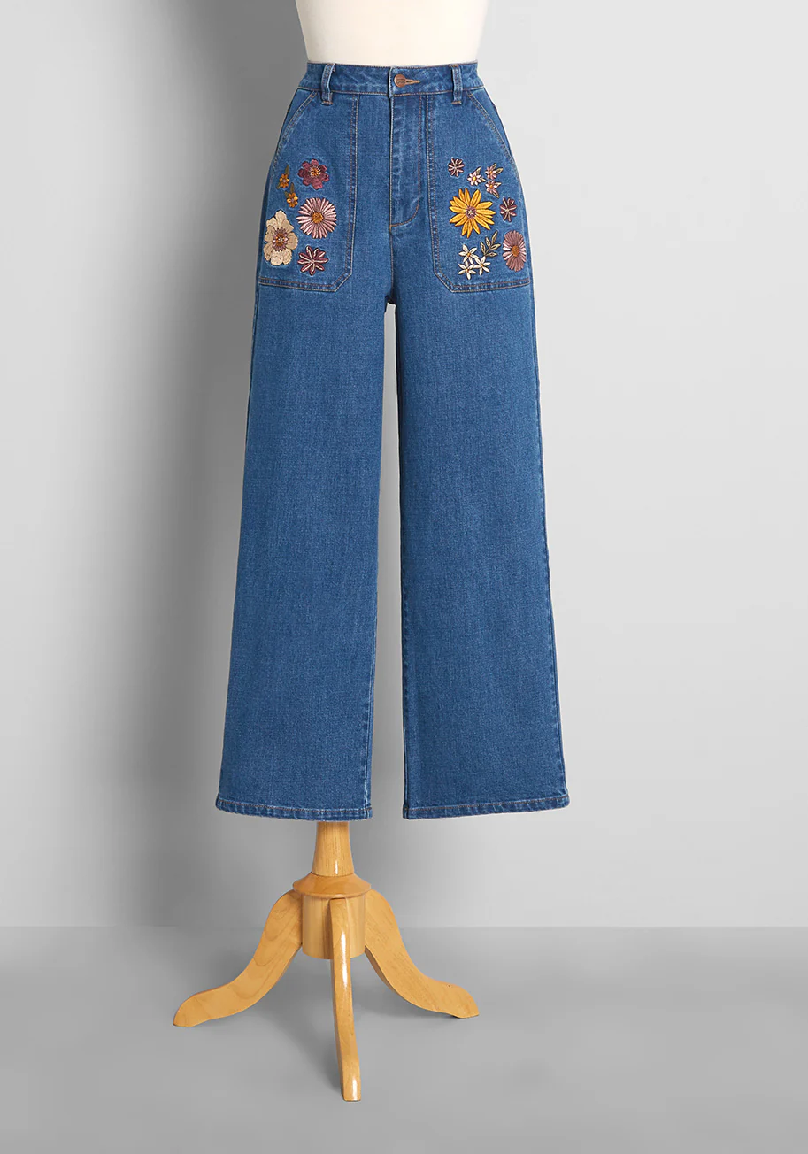 Isnyt x Princess Highway Floral Embroidered Wide-Leg Jeans - Olabens