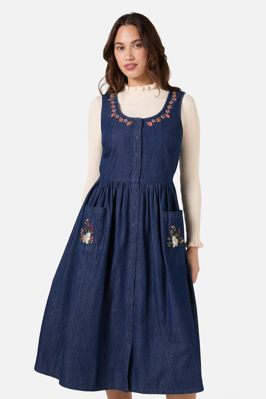 Rabbit Embroidered Denim Dress - Olabens