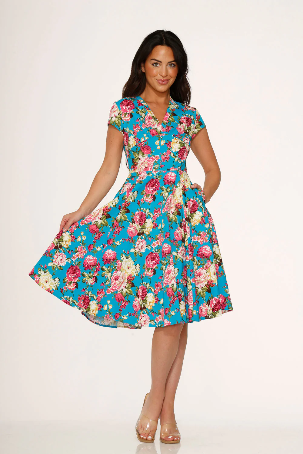 Blue & Pink Floral Swing Dress - Olabens