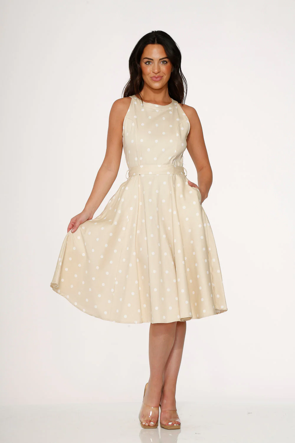 Beige & White Polka Dot Swing Dress - Olabens