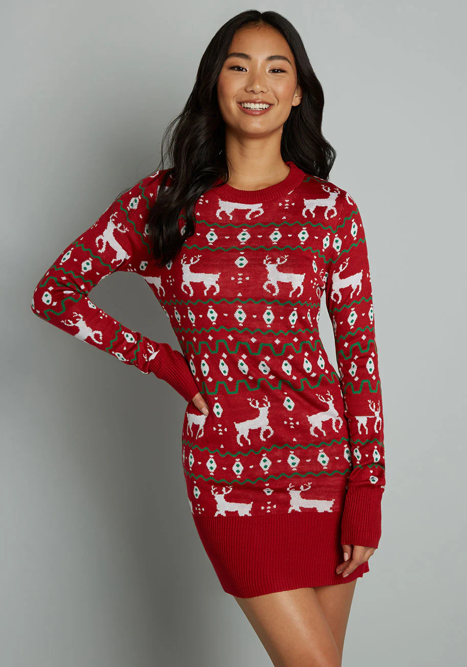 Reindeer On Parade Sweater Dress - Olabens