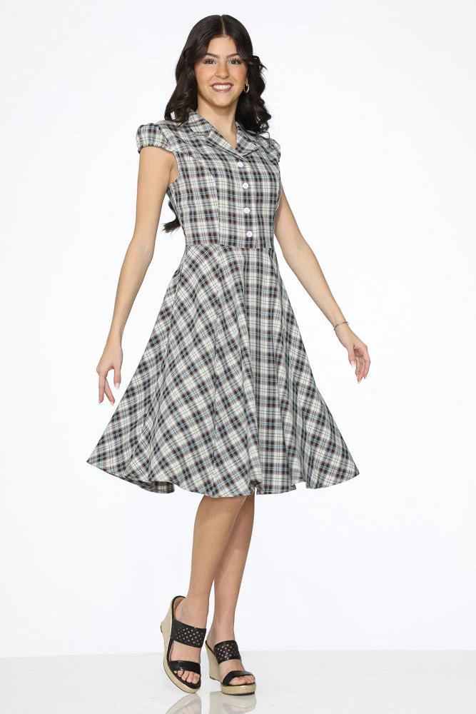 Brown & Blue Plaid Swing Dress - Olabens