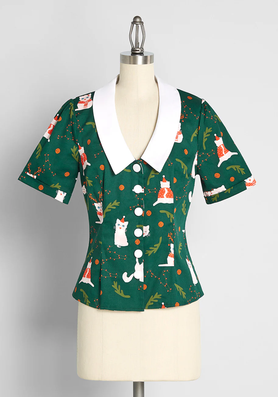 Felines Feeling Festive Button-Up Blouse - Olabens