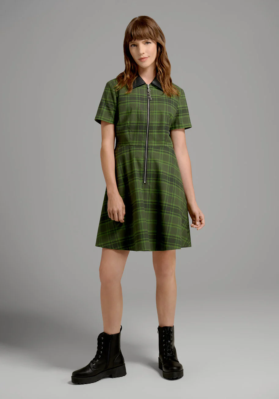 On A Power Zip Plaid Skater Dress - Olabens