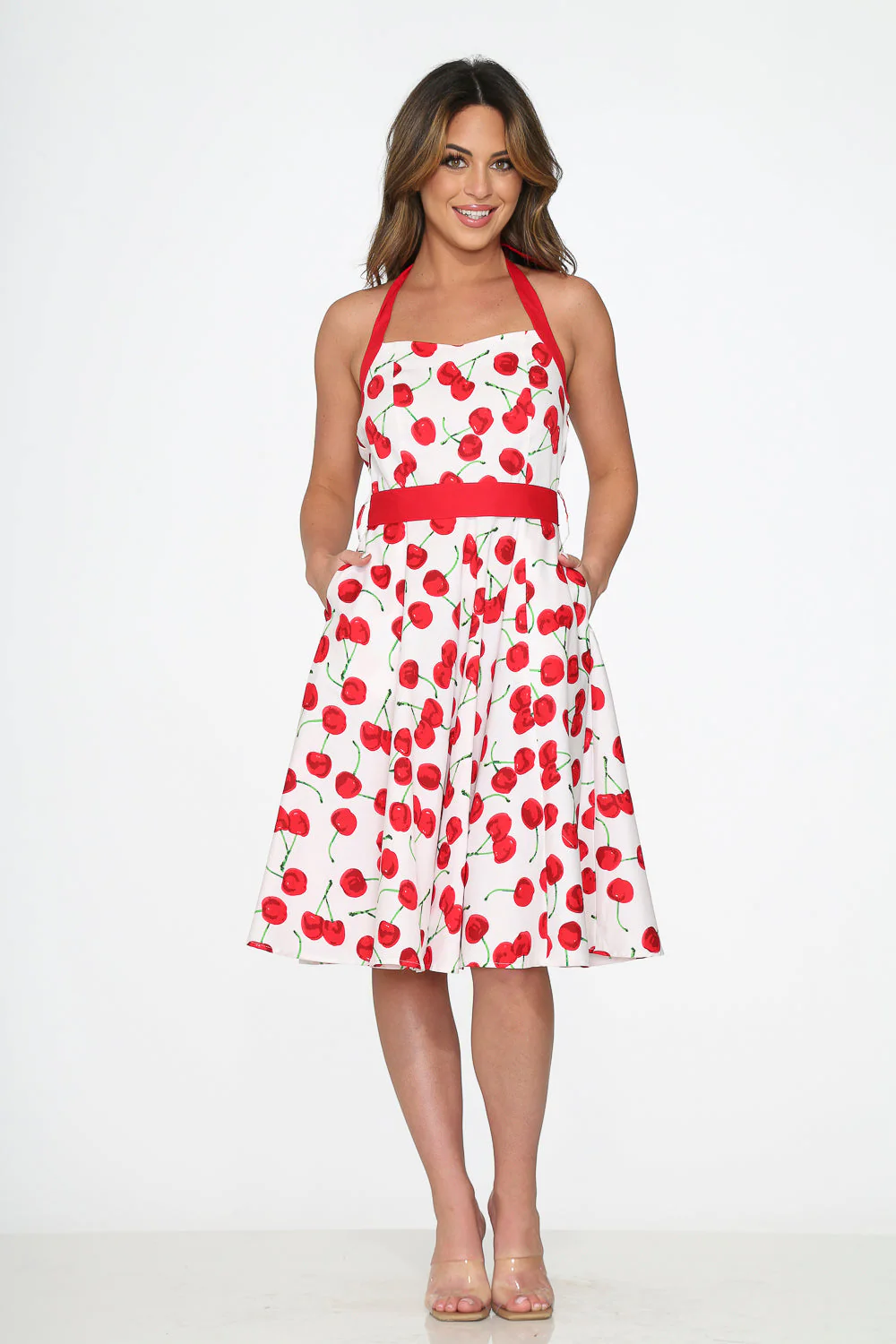 White Red Cherry Halter Swing Dress - Olabens