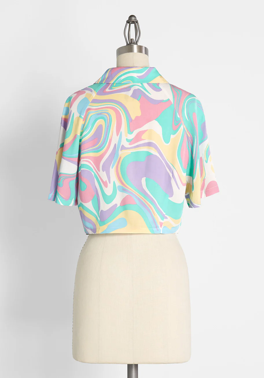 Swirling in Pastels Cropped Button-Up Shirt - Olabens