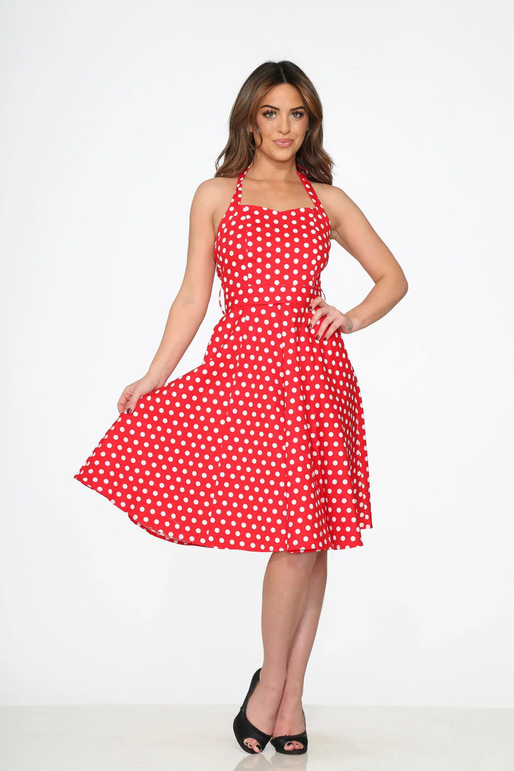 23231 Red White Polka Dot Halter Dress - Olabens