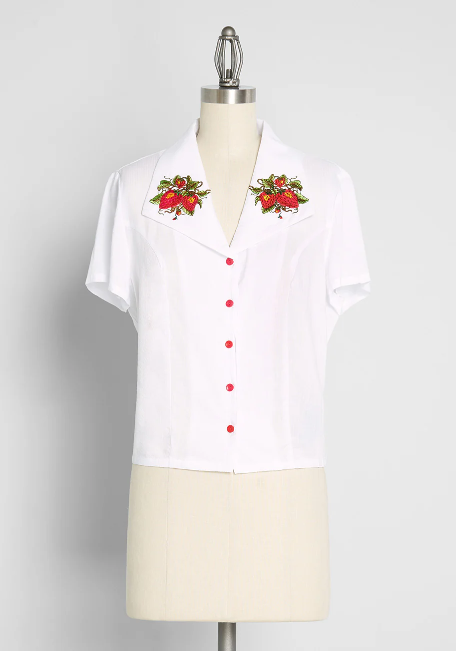 Strawberry Sunrise Embroidered Button-Up Blouse - Olabens