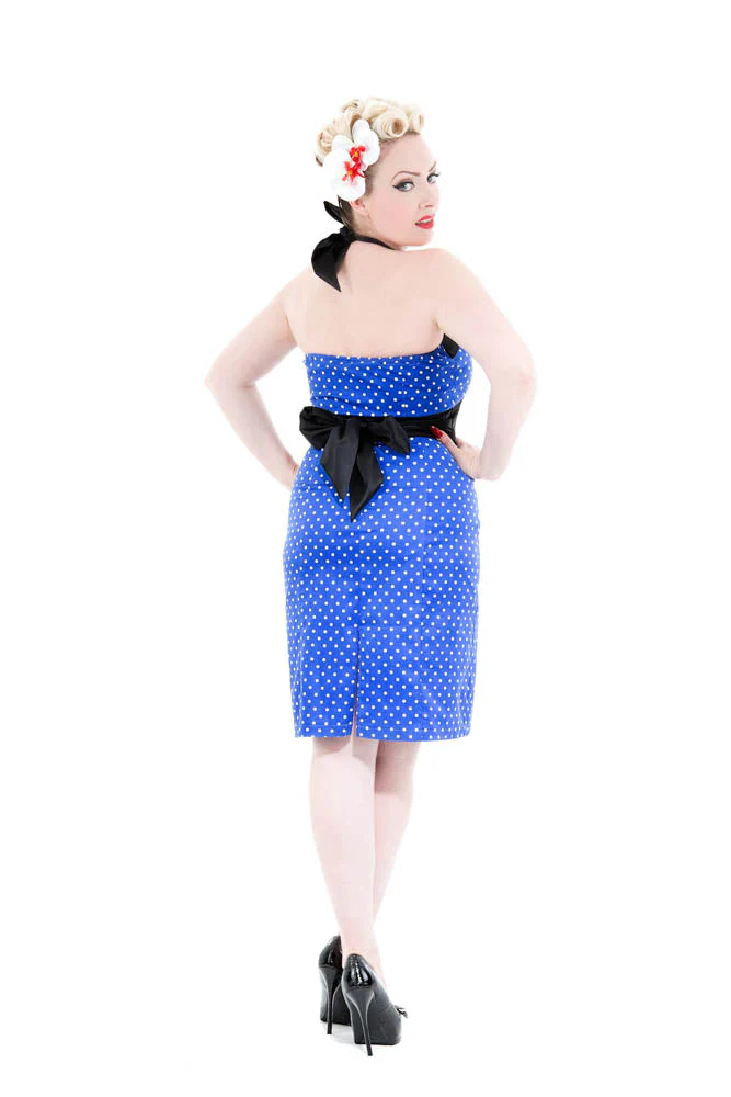 Blue & White Polka Dot Halter Wiggle Dress - Olabens