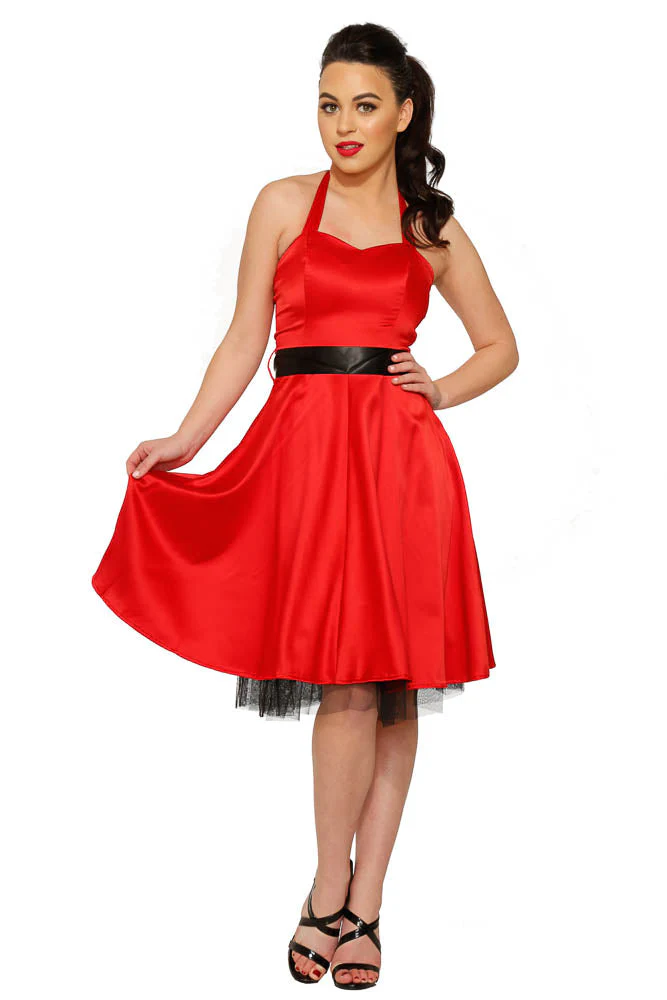 Red Satin Halter Swing Dress - Olabens