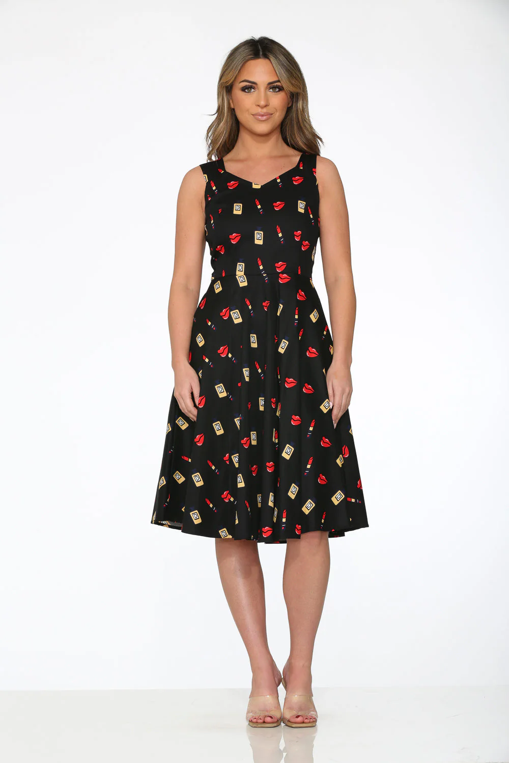 Black Red Lipstick Swing Dress - Olabens