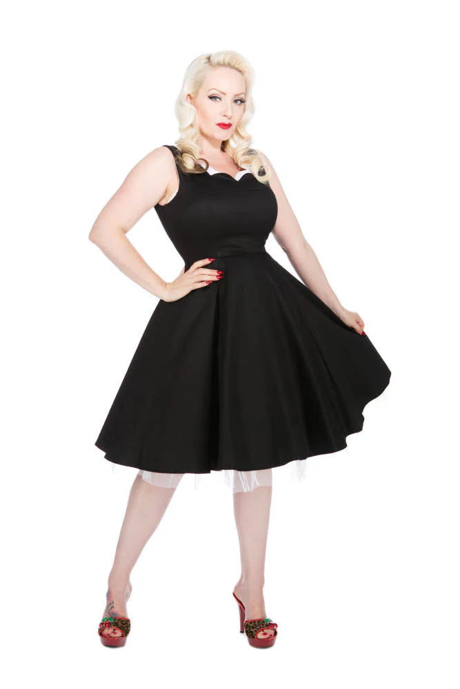 9358 Black White Queen Neck Swing Dress - Olabens