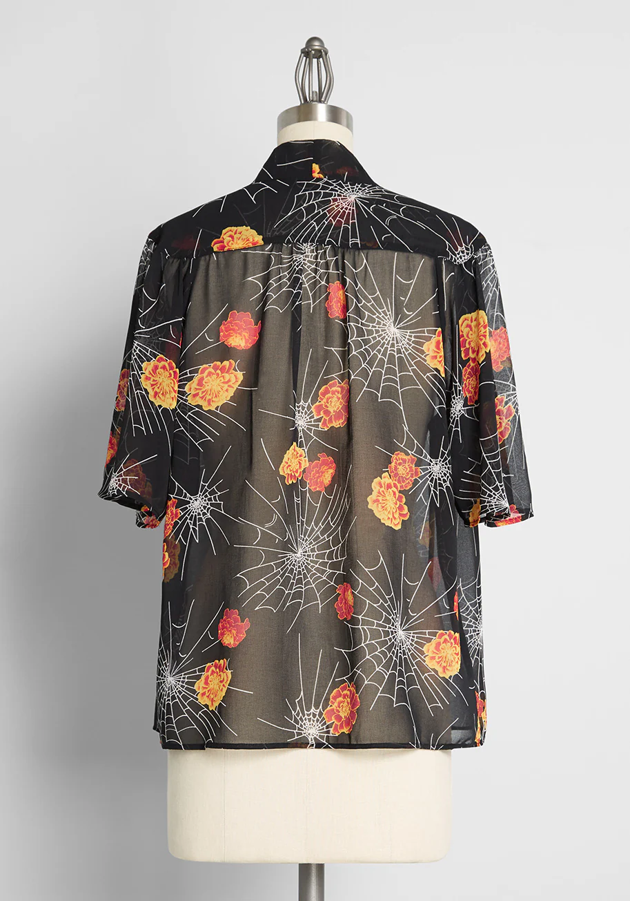 Blooming Webs Tie-Neck Blouse - Olabens