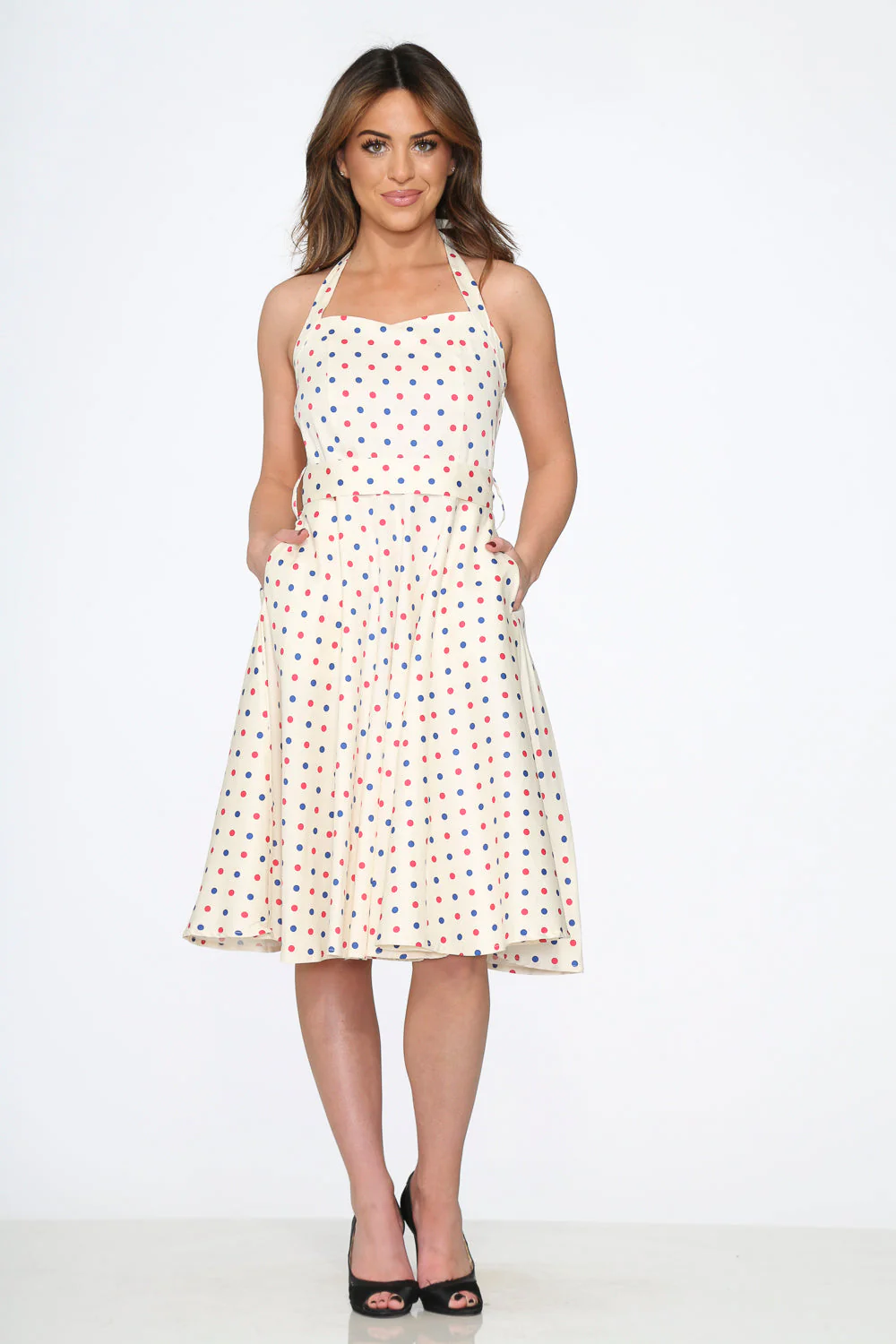 White Candy Dot Halter Swing Dress - Olabens
