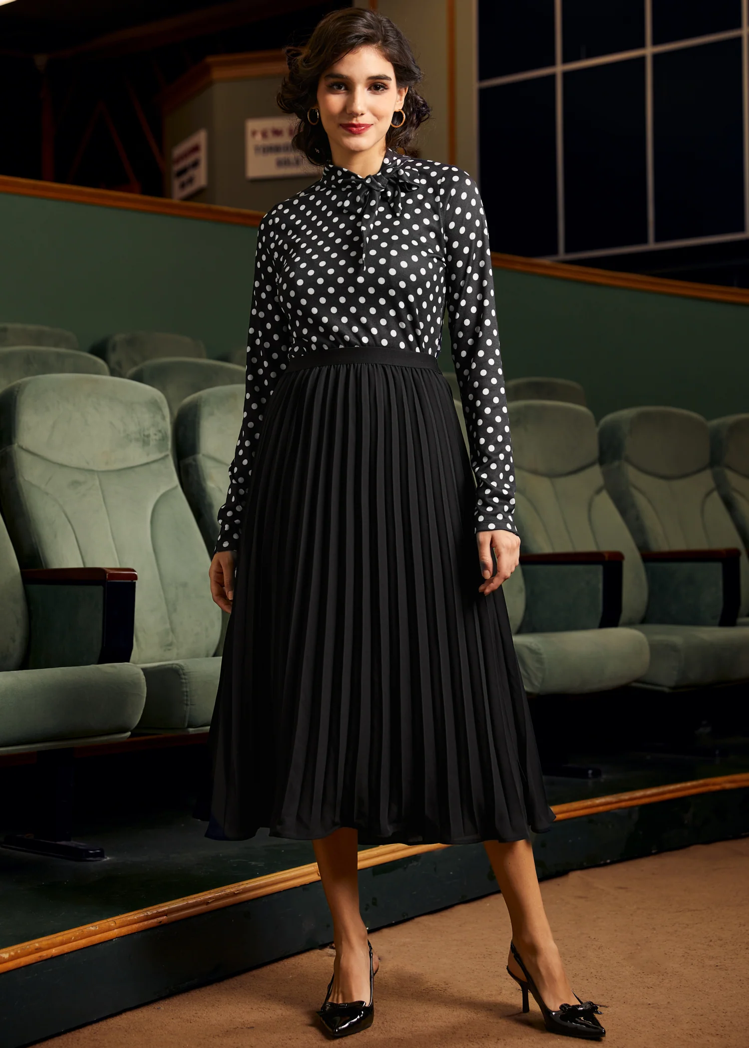 Rydell High Revisited Long Sleeve Tie-Neck Top - Olabens