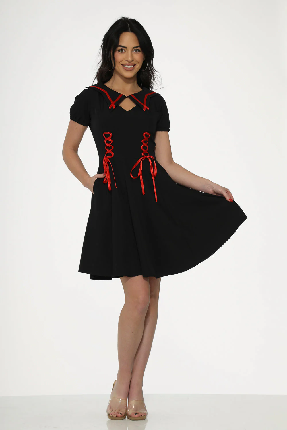 Black & Red Trim Gothic Swing Dress - Olabens